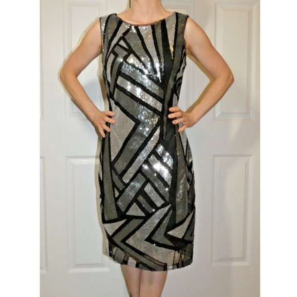 Sequin Dress Size 8 Prom Black Gray Silver Geometric Sparkles Cutout Back OOAK - Picture 1 of 11